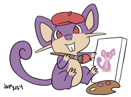 A Rattata Pokemon wearing a beret and painting a picture of a Rattata on canvas.