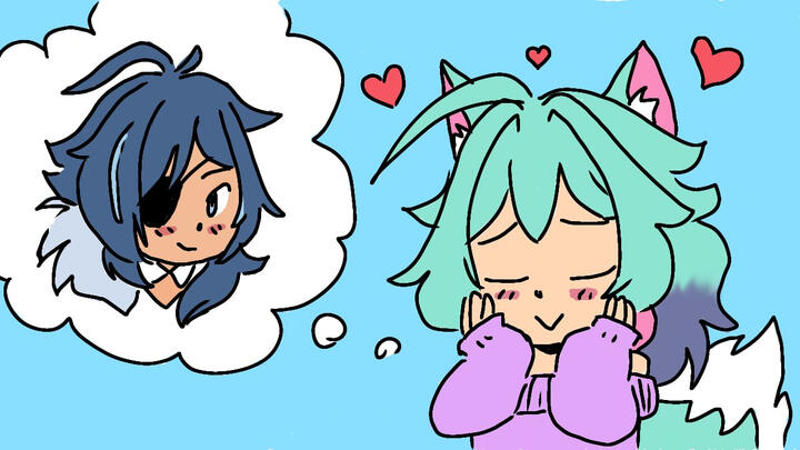 My Vtuber-sona bashfully thinking about Kaeya Alberich from Genshin.